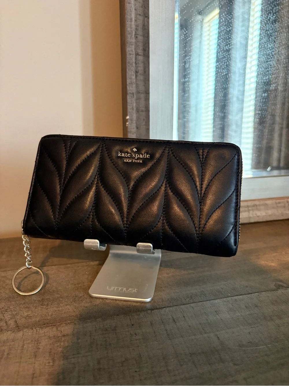 kate spade Black Quilted Leather Zip Card Holder with Keyring
